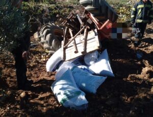 Gübre taşıyan traktör devrildi, sürücü altında kaldı