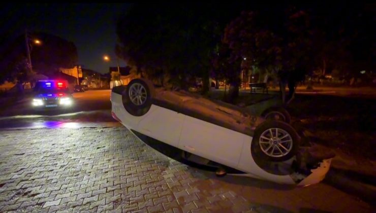 Kontrolden çıkan otomobil ters döndü