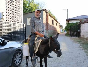 Ayhan amca yokluktan değil, sürücü belgesi olmadığından eşeği ile servis yapıyor
